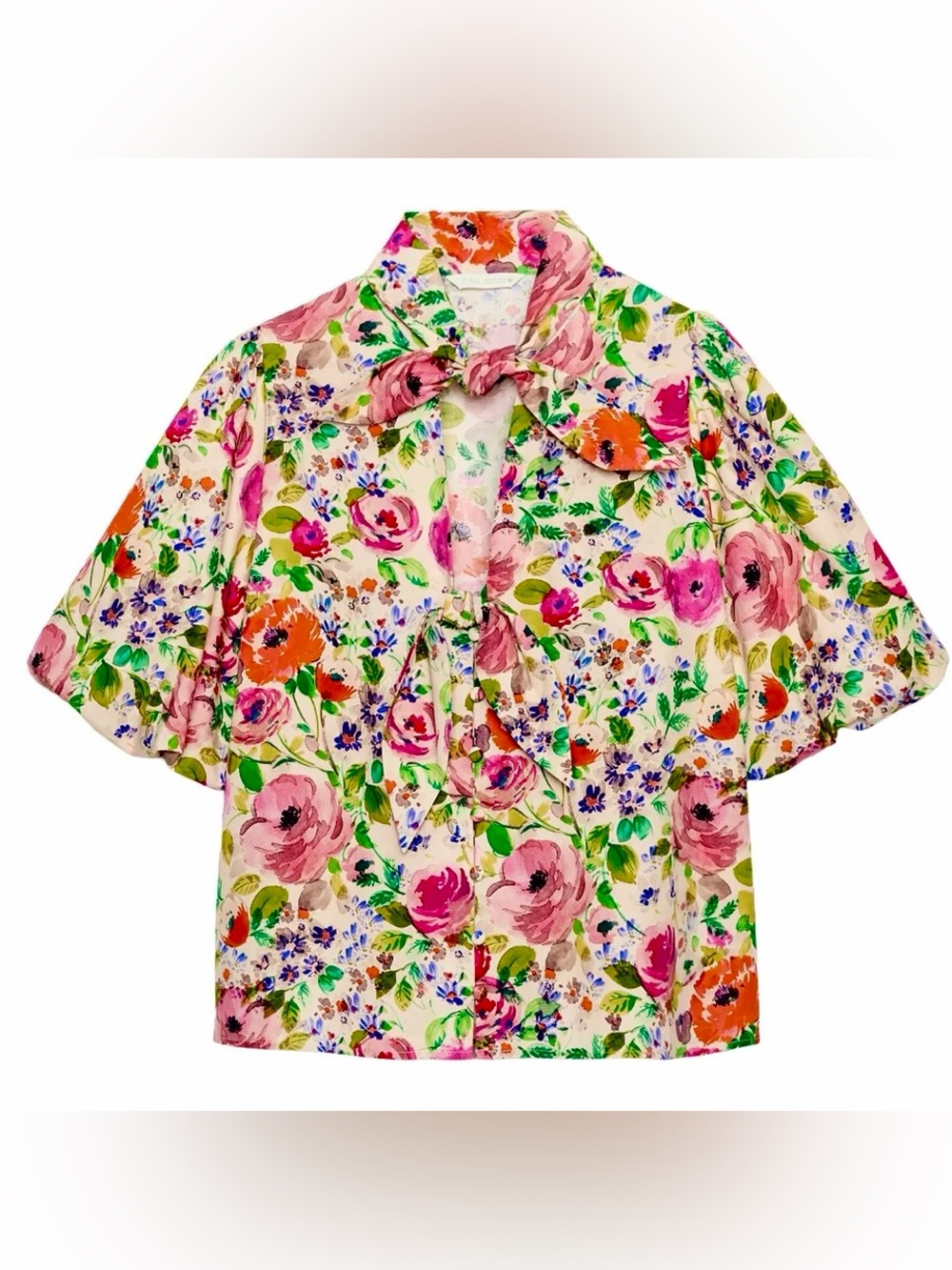 🌎 Zara Floral Bow Print Shirt Floral Blouse in Pink & Green